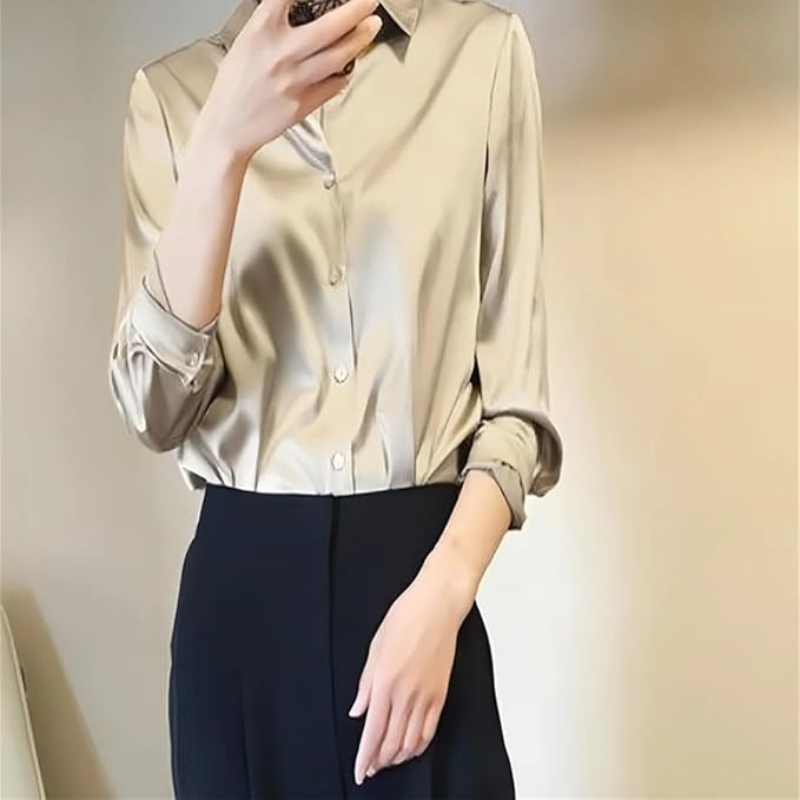 Women’s Satin Button-Up Blouse French Shirt