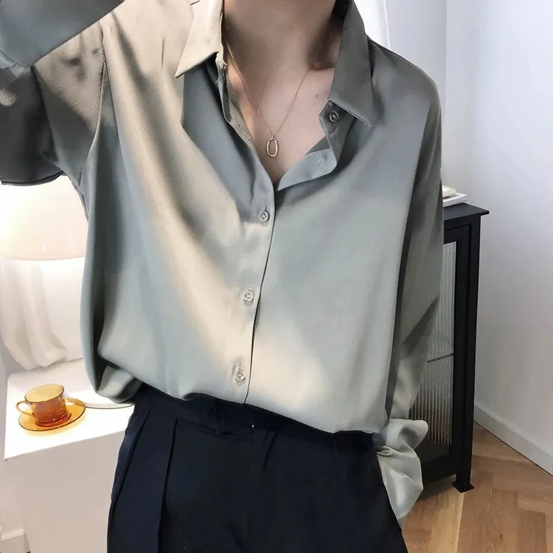 Women’s Satin Button-Up Blouse French Shirt