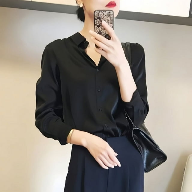 Women’s Satin Button-Up Blouse French Shirt