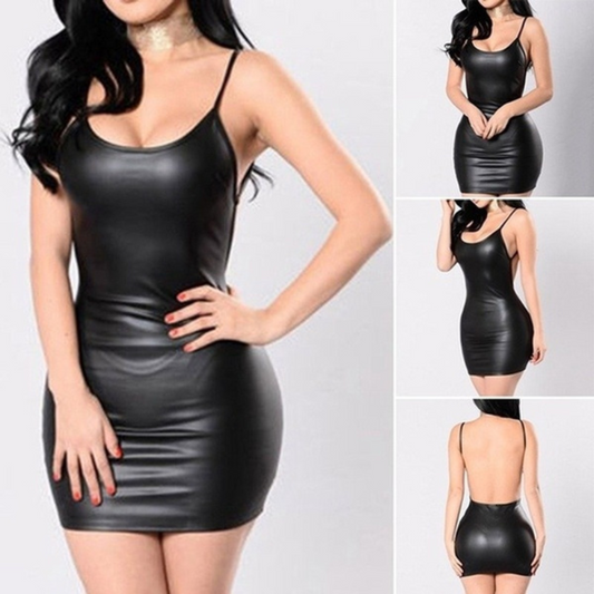Backless Faux Leather Mini Dress