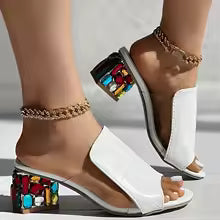 Women’s Crystal Square Heel Sandals – 2024 Summer Collection