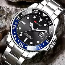 Business Stainless Steel Watch 40mm Classic Red Blue Circle Diving Series Magnifying Glass Calendar Quartz Watches montre homme