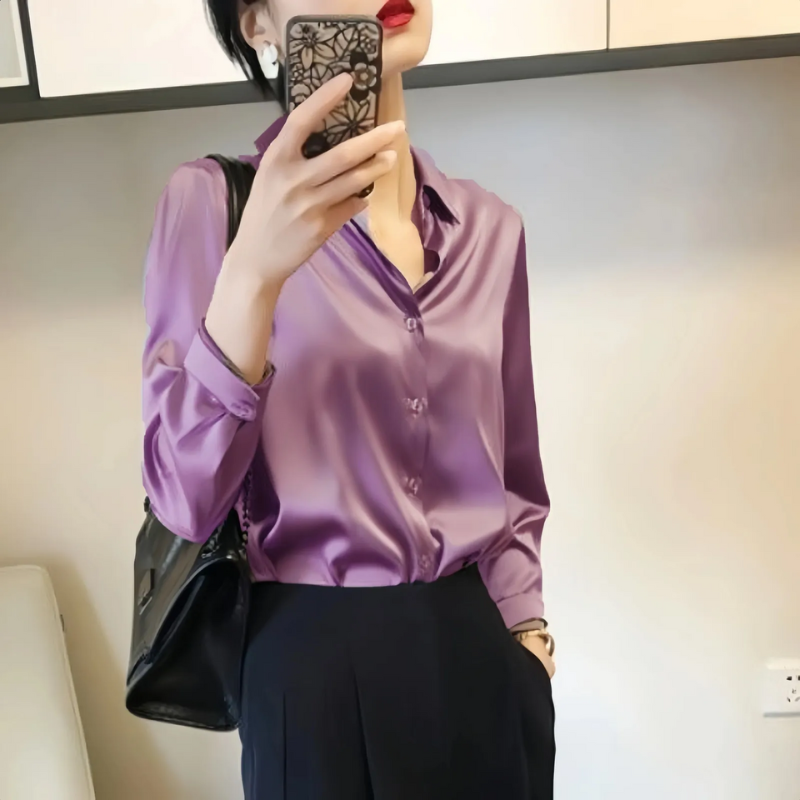 Women’s Satin Button-Up Blouse French Shirt